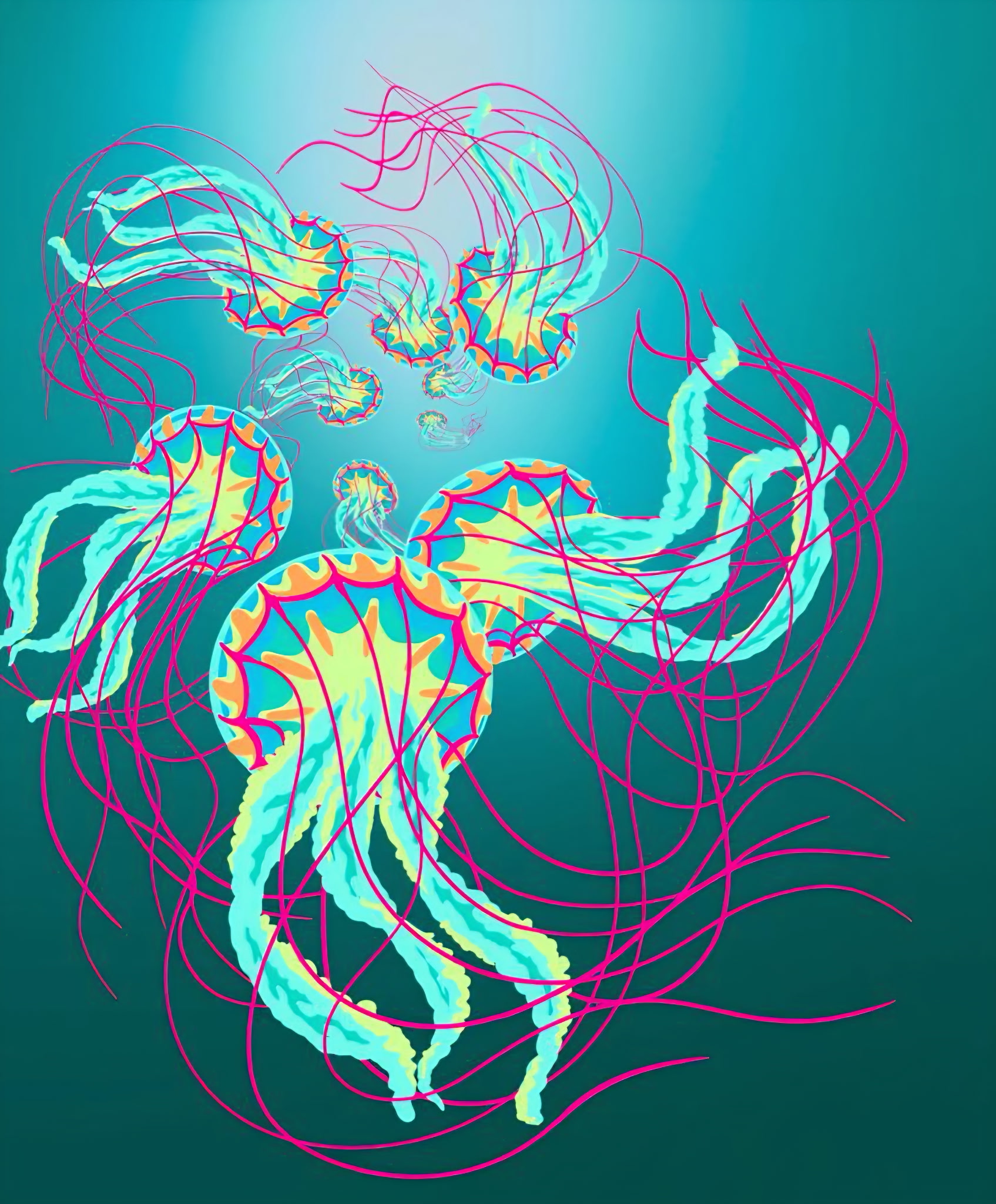 Vibrant jellyfish illustration with pink tentacles on a teal background